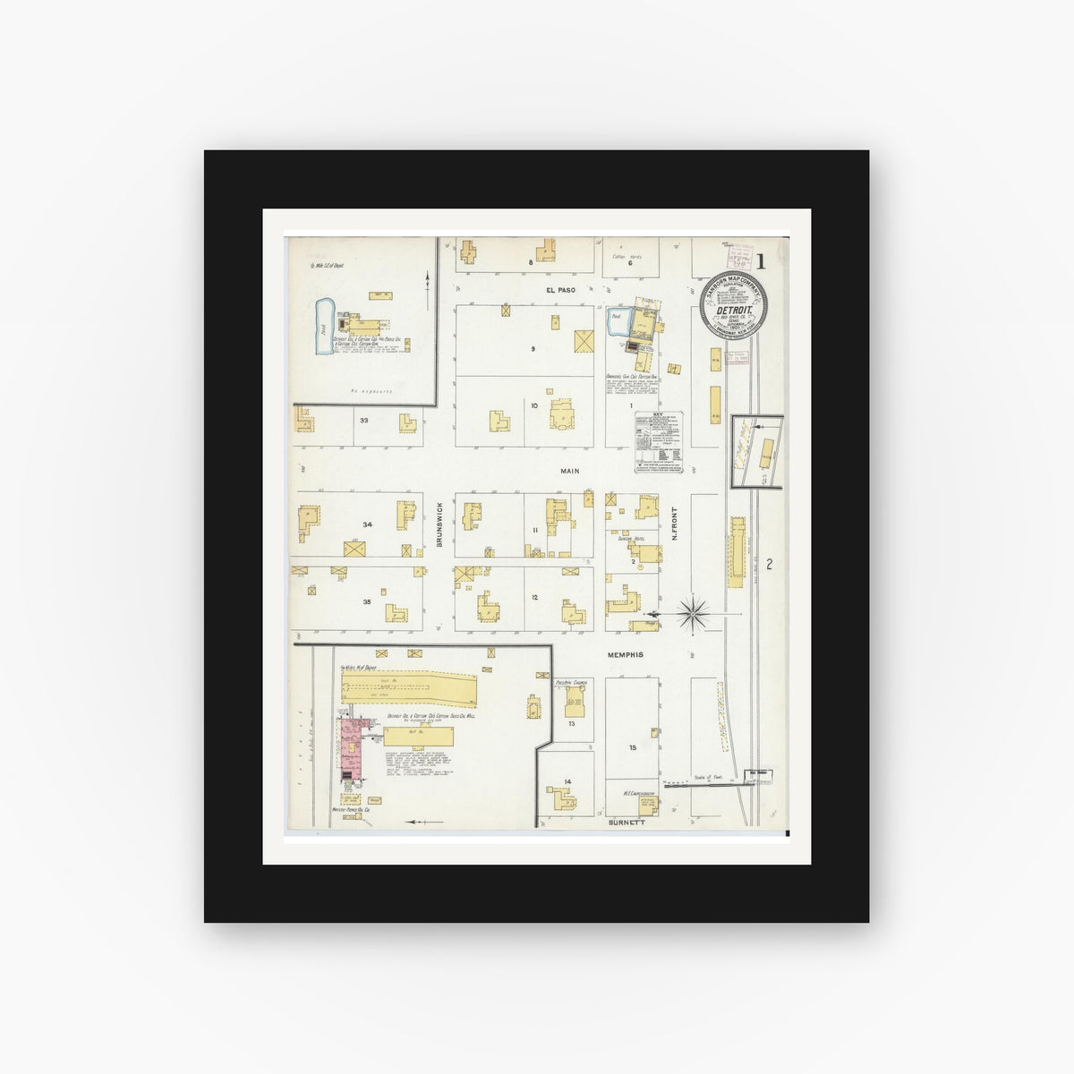 Old map wall art mockup — black gallery frame with white mat — Sanborn Fire Insurance Map from Detroit, Red River County, Texas (1905), Sheet #0001