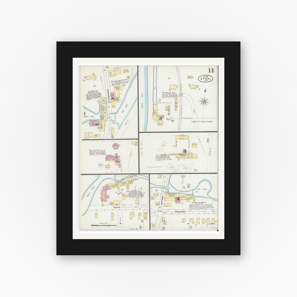 Old map wall art mockup — black gallery frame with white mat — Sanborn Fire Insurance Map from Athol, Worcester County, Massachusetts (1896), Sheet #0011