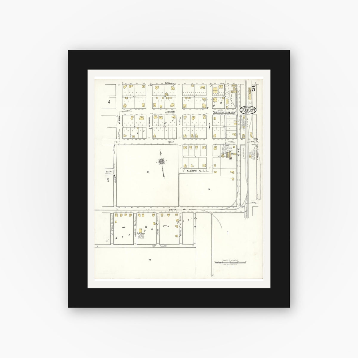 Old map wall art mockup — black gallery frame with white mat — Sanborn Fire Insurance Map from Bartlett, Bell and Williamson Counties, Texas (1921), Sheet #0005