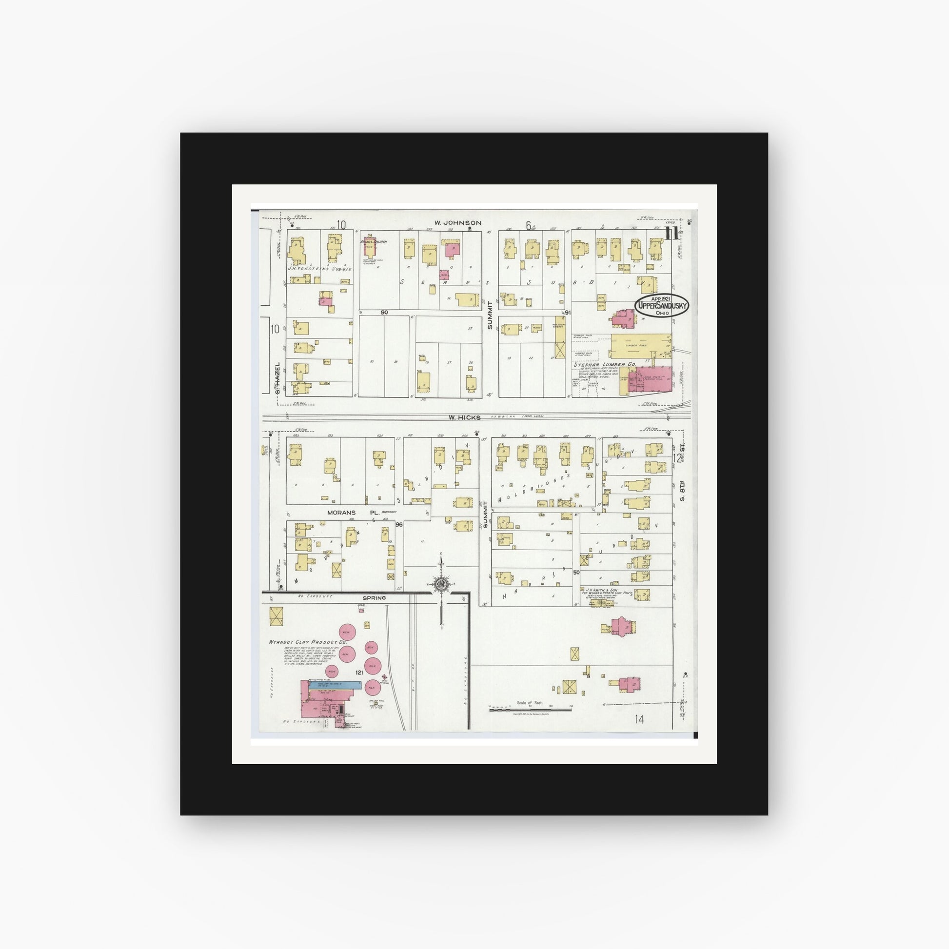 Old map wall art mockup — black gallery frame with white mat — Sanborn Fire Insurance Map from Upper Sandusky, Wyandot County, Ohio (1921), Sheet #0011