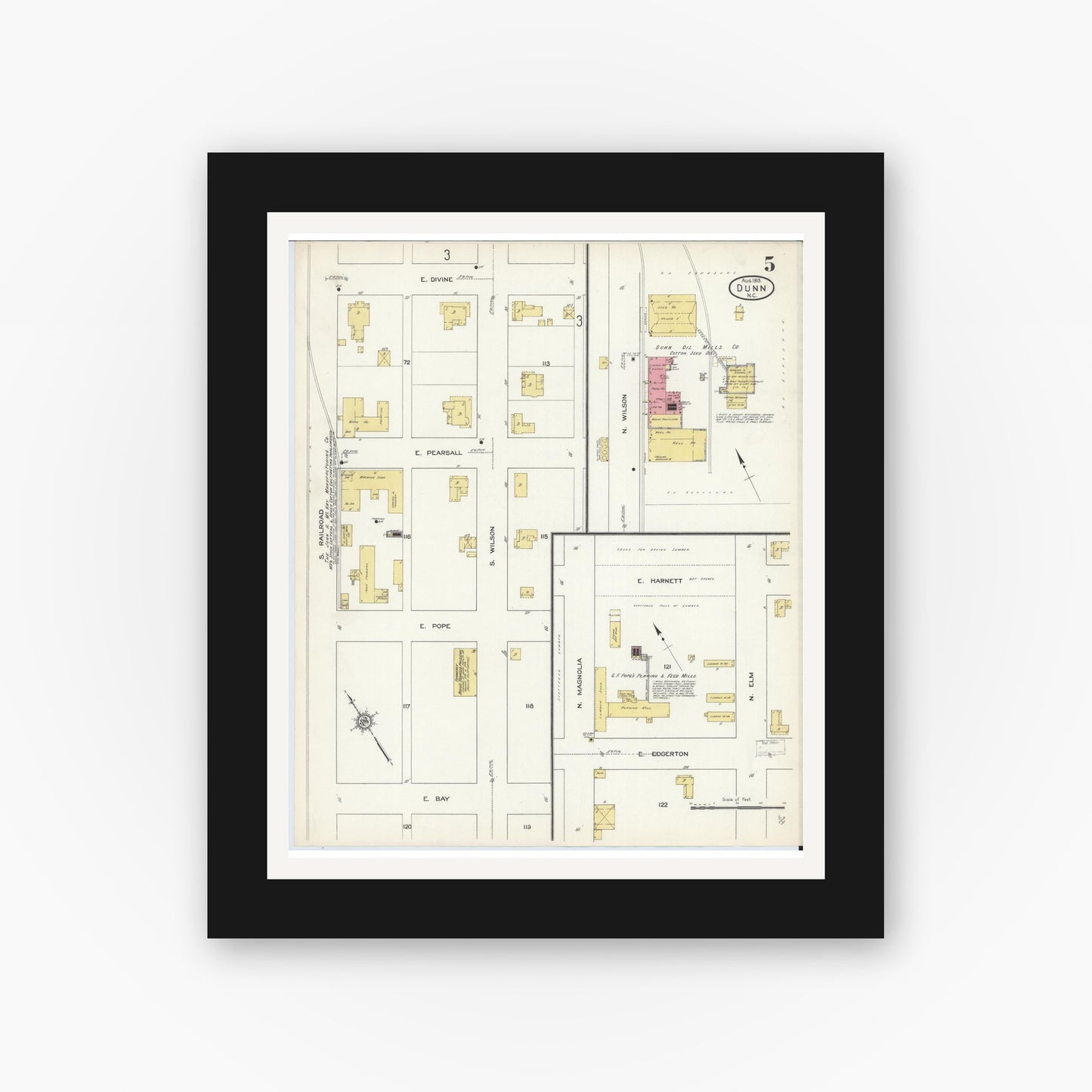Old map wall art mockup — black gallery frame with white mat — Sanborn Fire Insurance Map from Dunn, Harnett County, North Carolina (1913), Sheet #0005