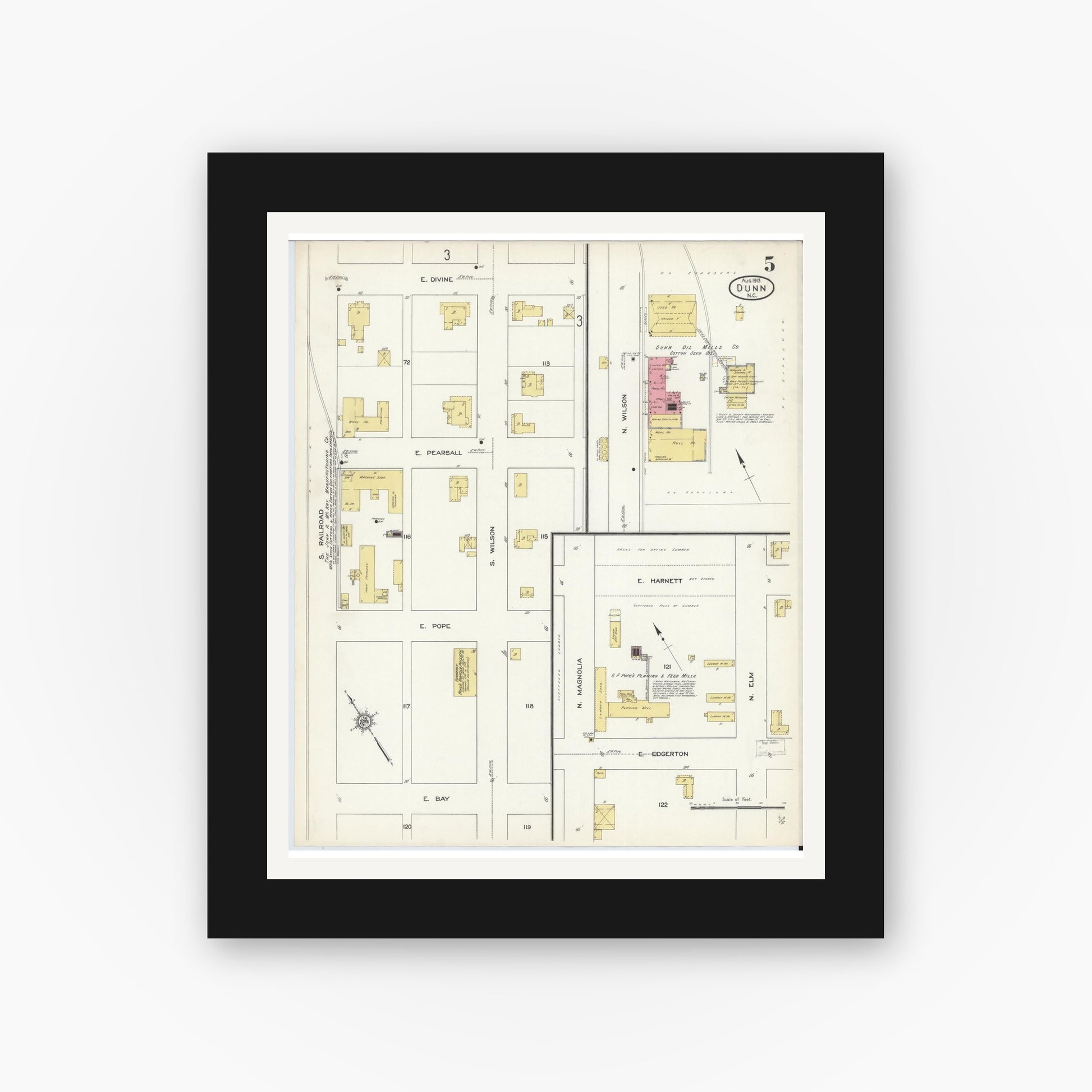 Old map wall art mockup — black gallery frame with white mat — Sanborn Fire Insurance Map from Dunn, Harnett County, North Carolina (1913), Sheet #0005