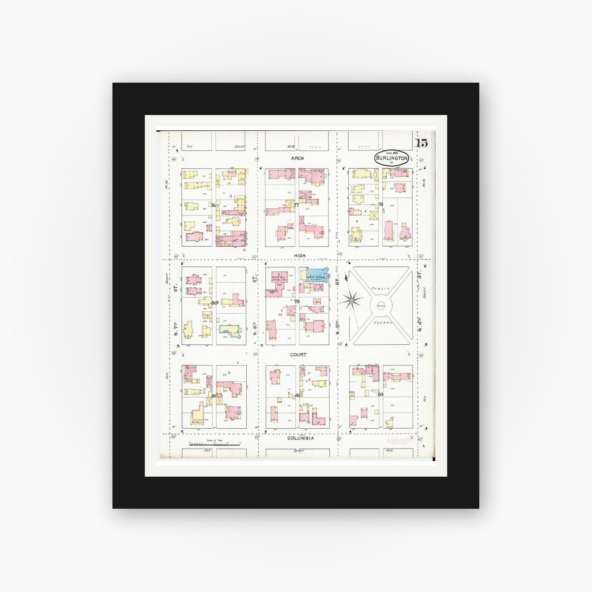 Old map wall art mockup — black gallery frame with white mat — Sanborn Fire Insurance Map from Burlington, Des Moines County, Iowa (1892), Sheet #0015