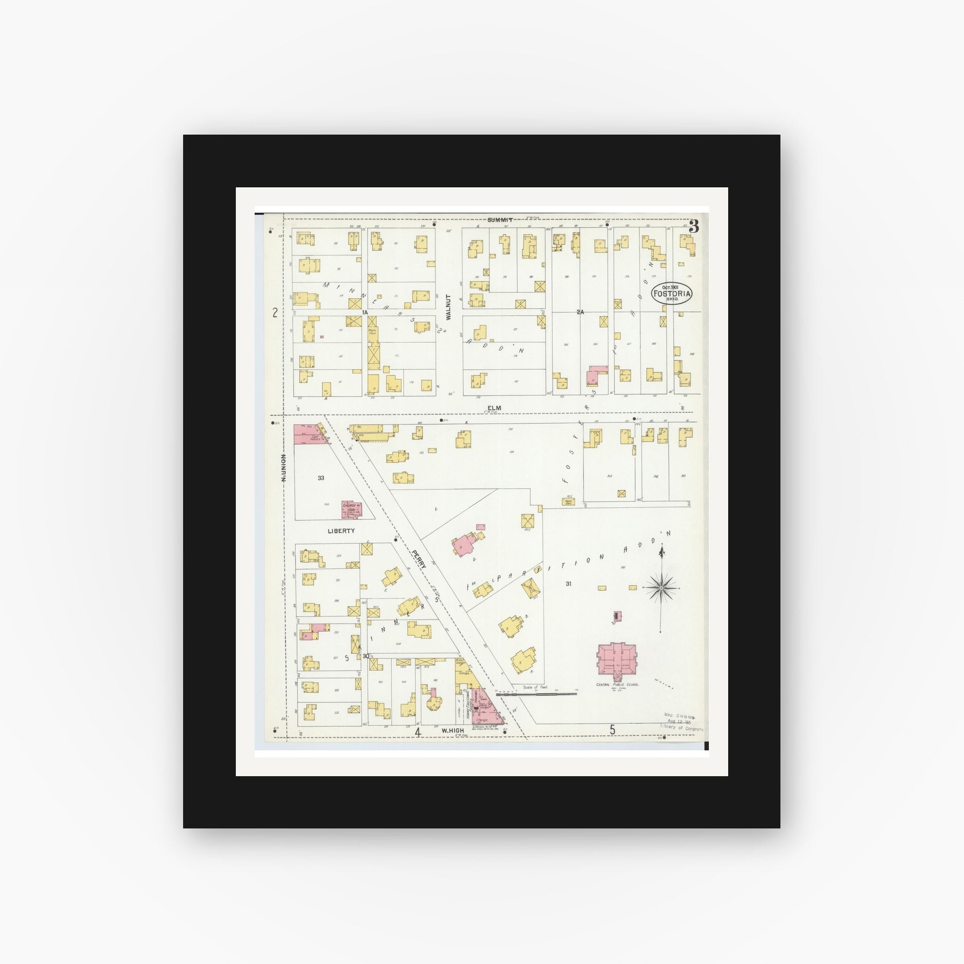 Old map wall art mockup — black gallery frame with white mat — Sanborn Fire Insurance Map from Fostoria, Seneca, Hancock, And Wood Counties, Ohio (1901), Sheet #0003