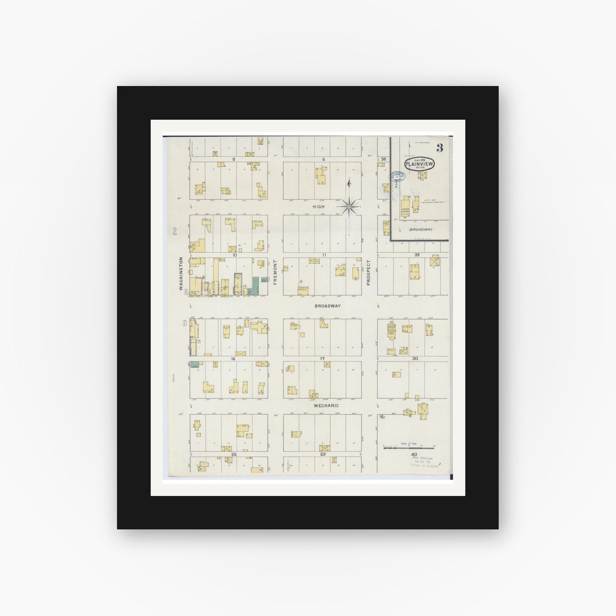 Old map wall art mockup — black gallery frame with white mat — Sanborn Fire Insurance Map from Plainview, Wabasha County, Minnesota (1894), Sheet #0003
