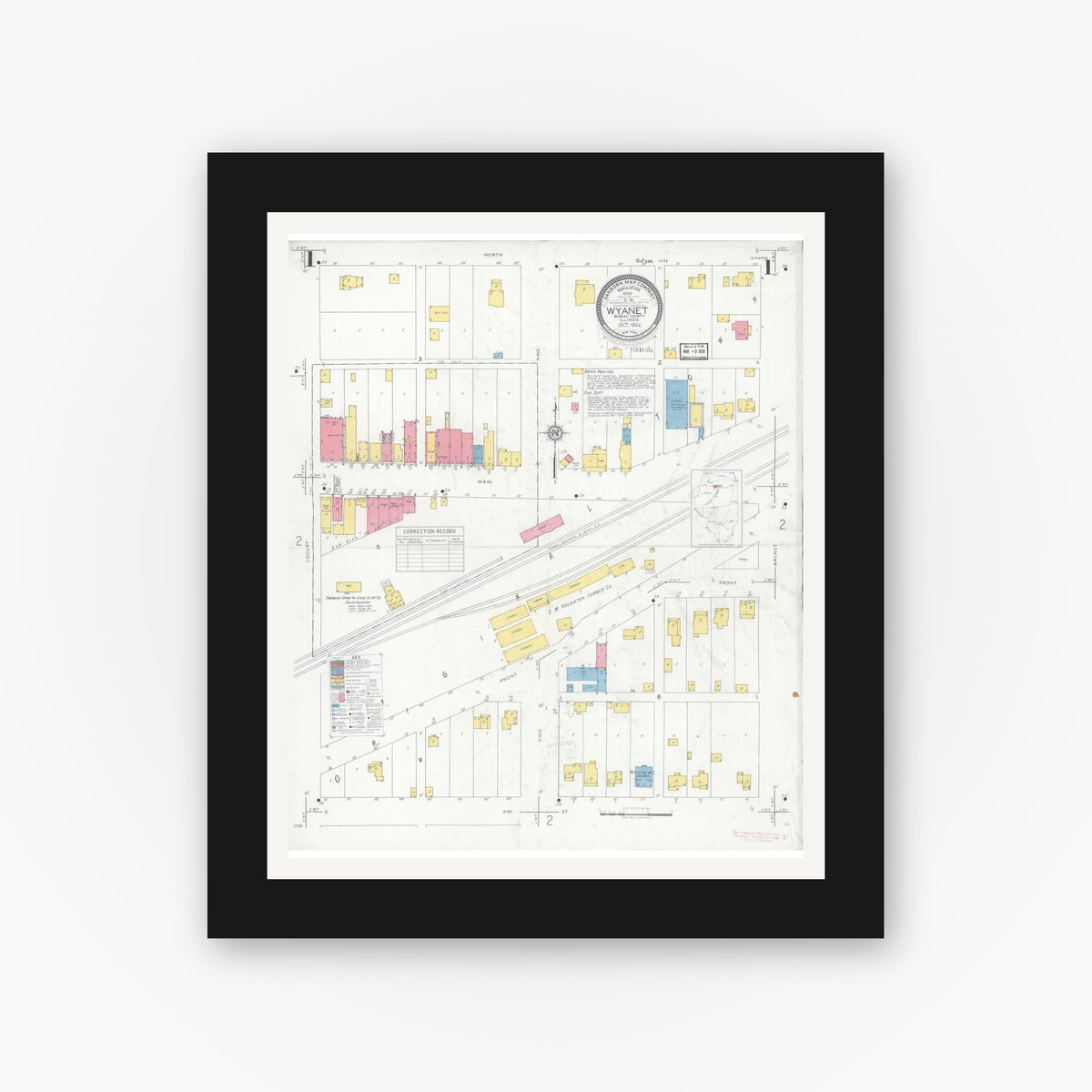 Old map wall art mockup — black gallery frame with white mat — Sanborn Fire Insurance Map from Wyanet, Bureau County, Illinois (1932), Sheet #0001