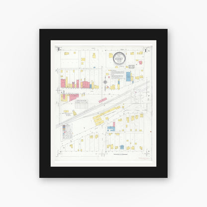 Old map wall art mockup — black gallery frame with white mat — Sanborn Fire Insurance Map from Wyanet, Bureau County, Illinois (1932), Sheet #0001