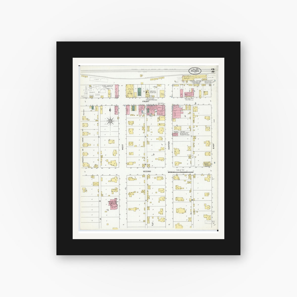 Old map wall art mockup — black gallery frame with white mat — Sanborn Fire Insurance Map from Hume, Edgar County, Illinois (1909), Sheet #0002