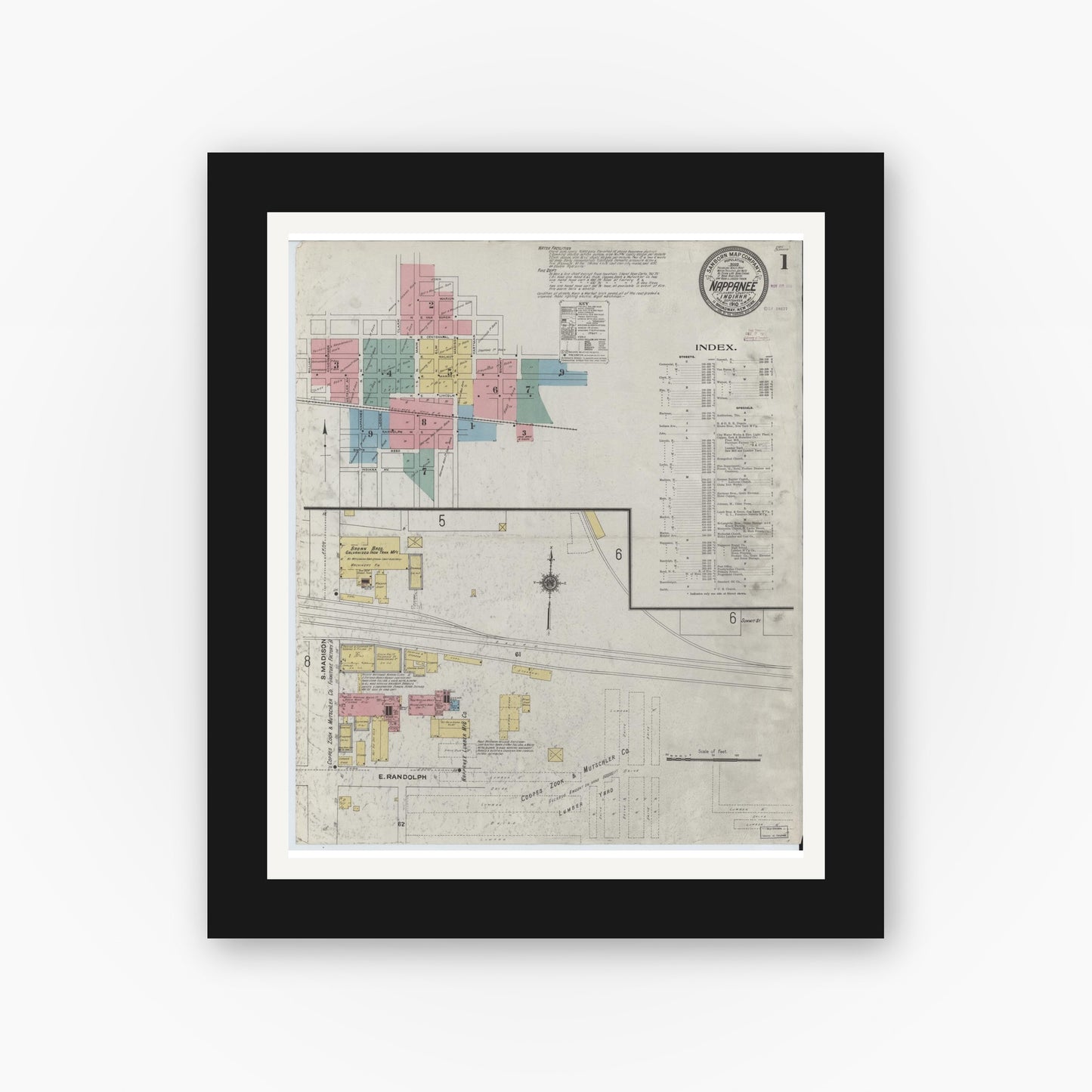 Old map wall art mockup — black gallery frame with white mat — Sanborn Fire Insurance Map from Nappanee, Elkhart County, Indiana (1910), Sheet #0001