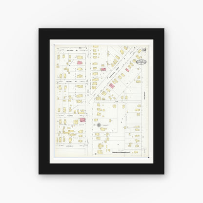Old map wall art mockup — black gallery frame with white mat — Sanborn Fire Insurance Map from Galesburg, Knox County, Illinois (1911), Sheet #0012