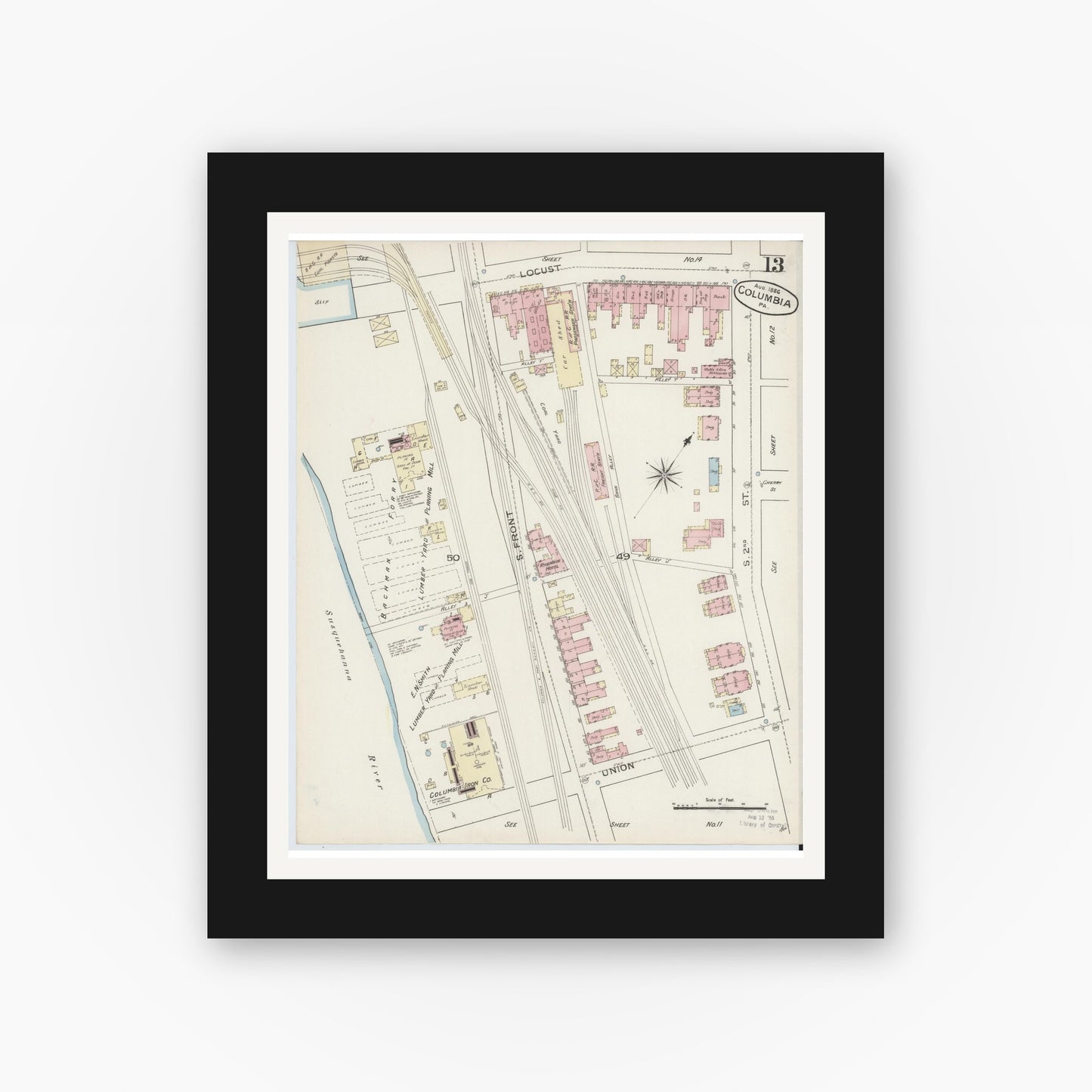 Old map wall art mockup — black gallery frame with white mat — Sanborn Fire Insurance Map from Columbia, Lancaster County, Pennsylvania (1886), Sheet #0013