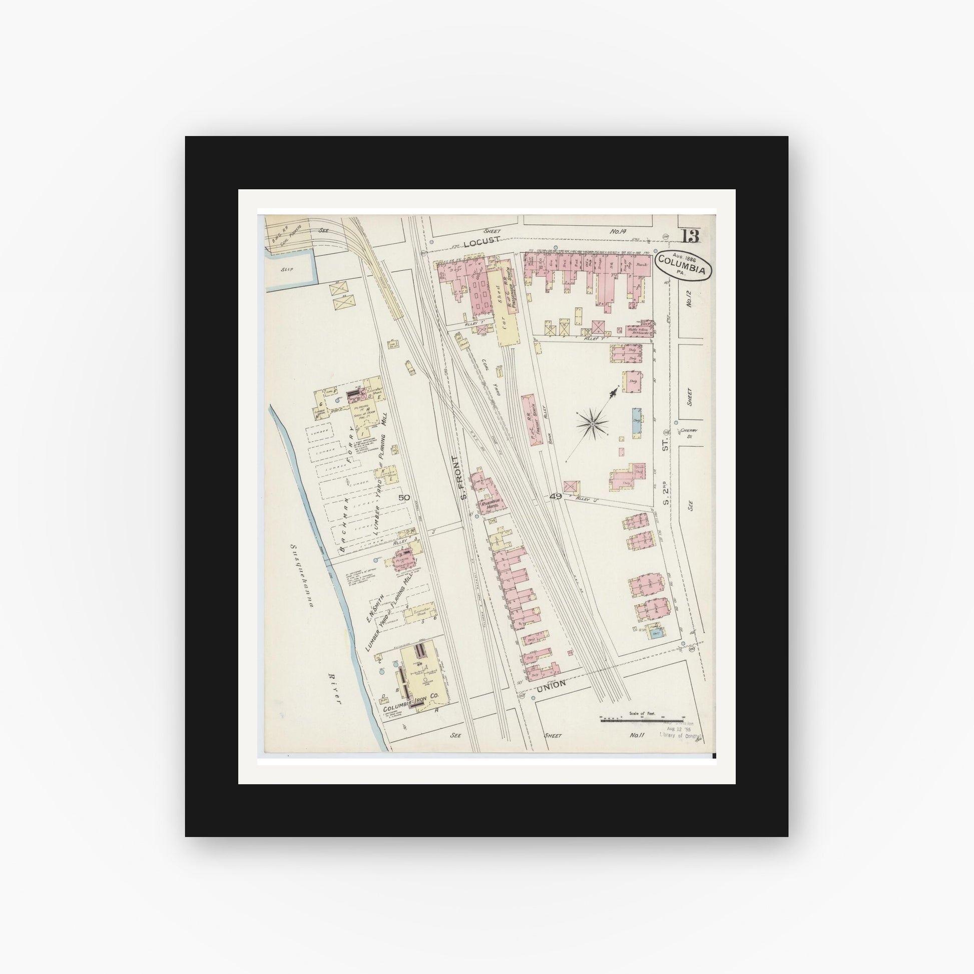 Old map wall art mockup — black gallery frame with white mat — Sanborn Fire Insurance Map from Columbia, Lancaster County, Pennsylvania (1886), Sheet #0013