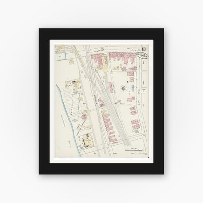 Old map wall art mockup — black gallery frame with white mat — Sanborn Fire Insurance Map from Columbia, Lancaster County, Pennsylvania (1886), Sheet #0013