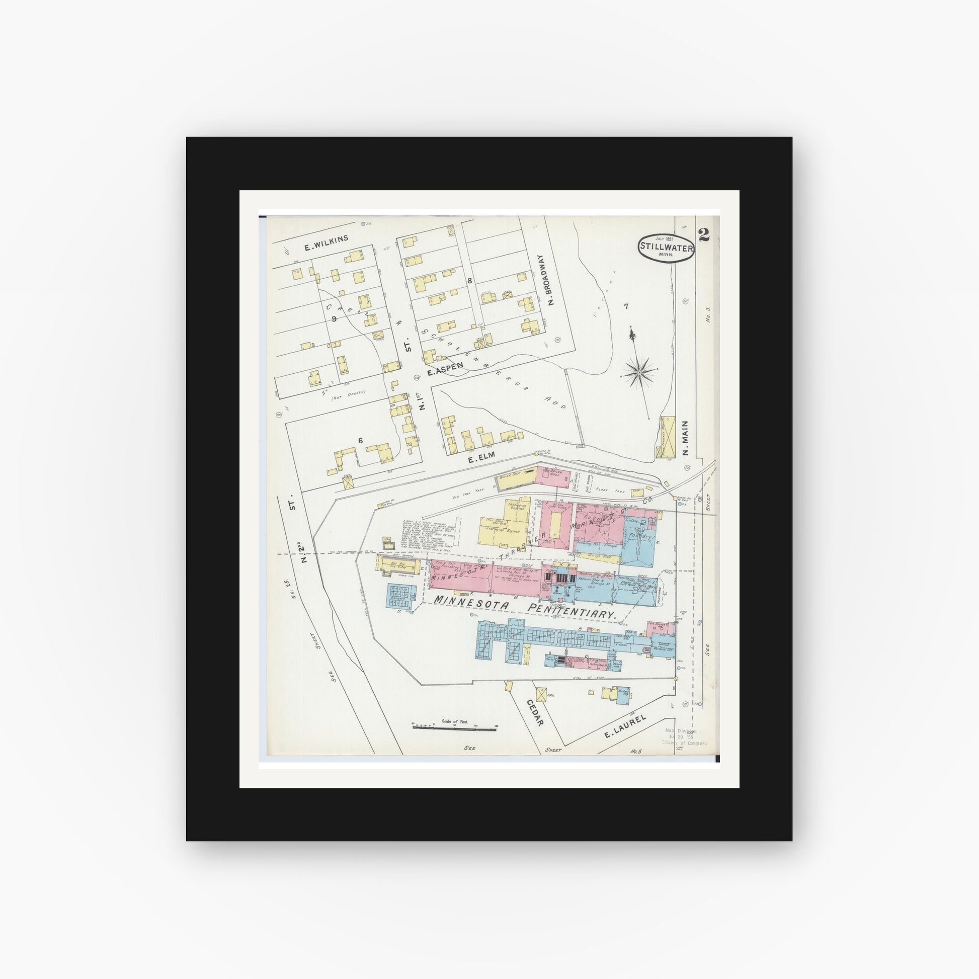 Old map wall art mockup — black gallery frame with white mat — Sanborn Fire Insurance Map from Stillwater, Washington County, Minnesota (1891), Sheet #0002