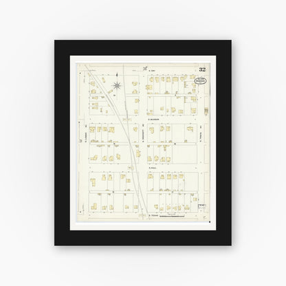 Old map wall art mockup — black gallery frame with white mat — Sanborn Fire Insurance Map from Denison, Grayson County, Texas (1908), Sheet #0032