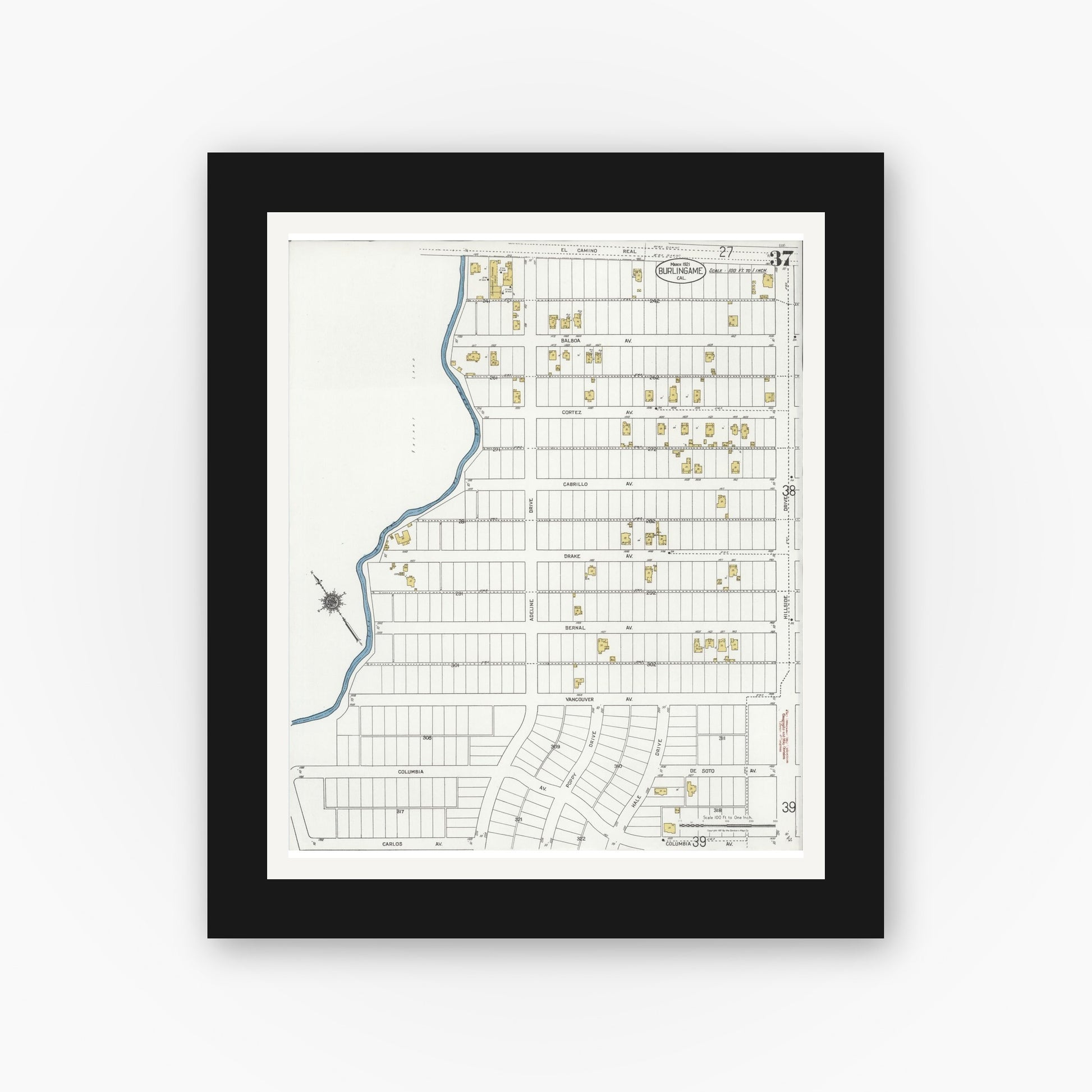 Old map wall art mockup — black gallery frame with white mat — Sanborn Fire Insurance Map from Burlingame, San Mateo County, California (1921), Sheet #0037