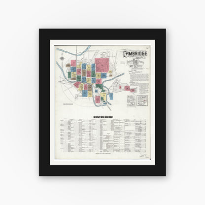Old map wall art mockup — black gallery frame with white mat — Sanborn Fire Insurance Map from Cambridge, Guernsey County, Ohio (1923) - Complete Map Set