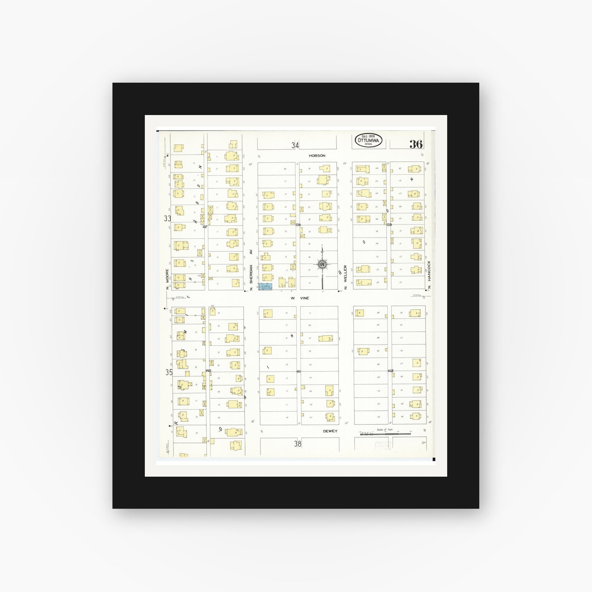 Old map wall art mockup — black gallery frame with white mat — Sanborn Fire Insurance Map from Ottumwa, Wapello County, Iowa (1909), Sheet #0036