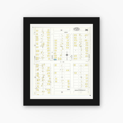 Old map wall art mockup — black gallery frame with white mat — Sanborn Fire Insurance Map from Ottumwa, Wapello County, Iowa (1909), Sheet #0036