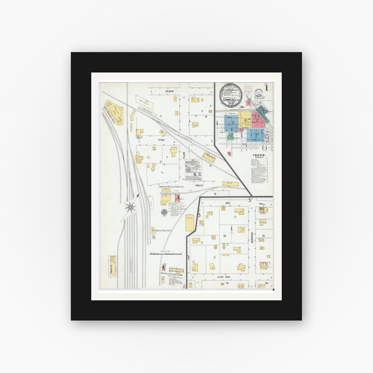 Old map wall art mockup — black gallery frame with white mat — Sanborn Fire Insurance Map from Commerce, Hunt County, Texas (1901) - Complete Map Set