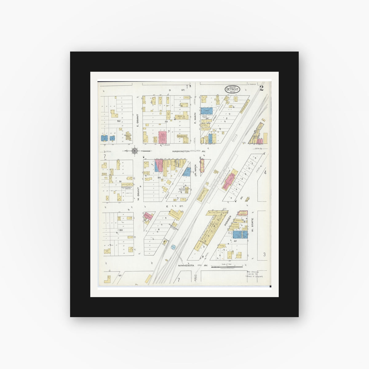 Old map wall art mockup — black gallery frame with white mat — Sanborn Fire Insurance Map from Detroit Lakes, Becker County, Minnesota (1917), Sheet #0002