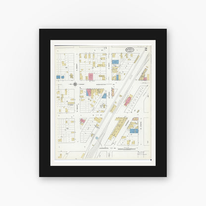 Old map wall art mockup — black gallery frame with white mat — Sanborn Fire Insurance Map from Detroit Lakes, Becker County, Minnesota (1917), Sheet #0002