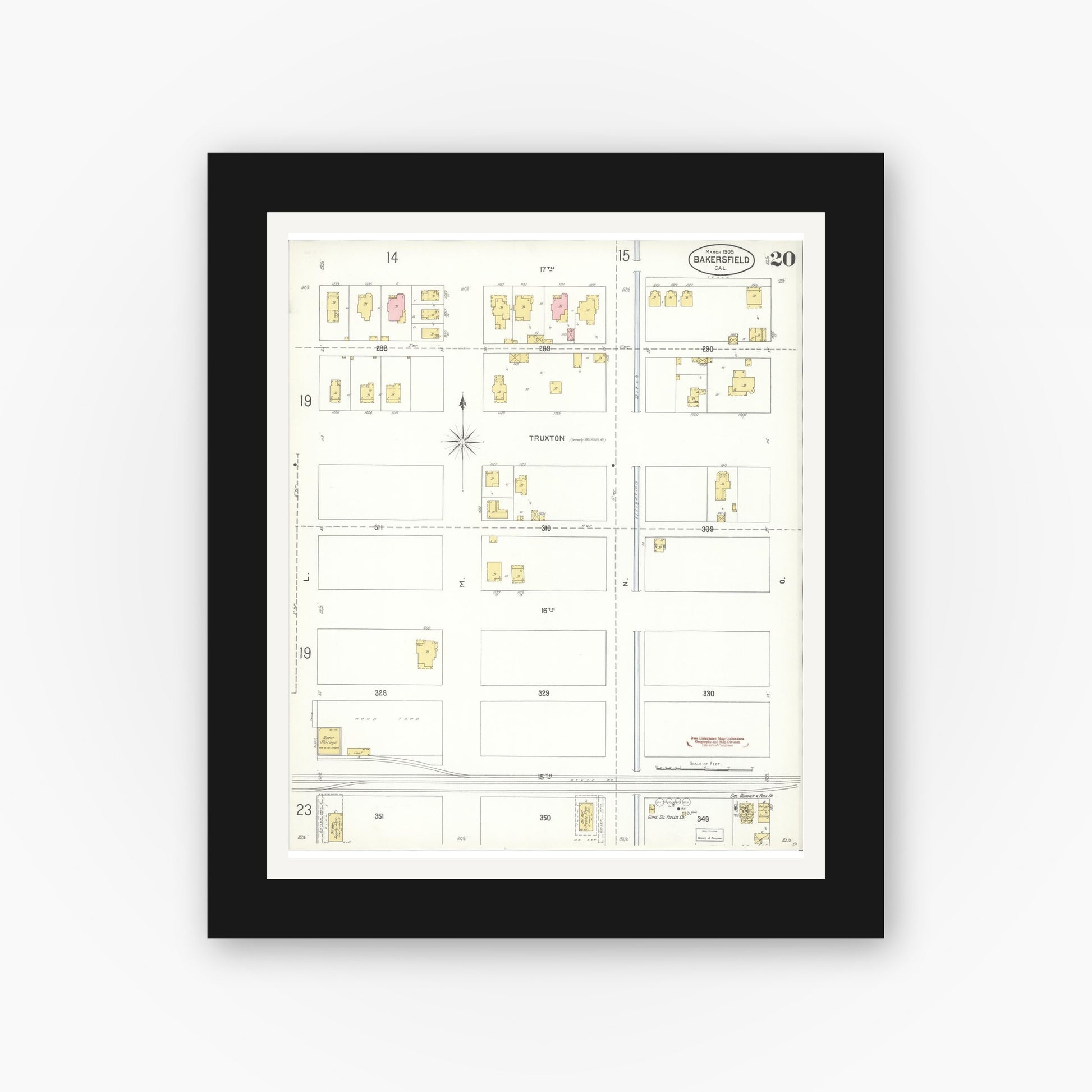 Old map wall art mockup — black gallery frame with white mat — Sanborn Fire Insurance Map from Bakersfield, Kern County, California (1905), Sheet #0020