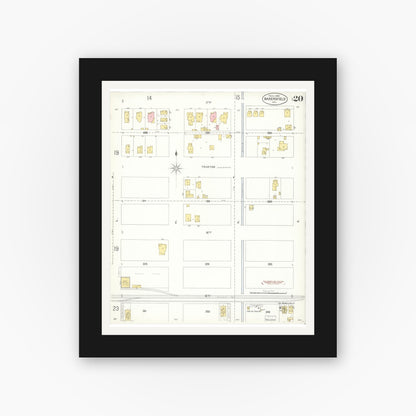 Old map wall art mockup — black gallery frame with white mat — Sanborn Fire Insurance Map from Bakersfield, Kern County, California (1905), Sheet #0020