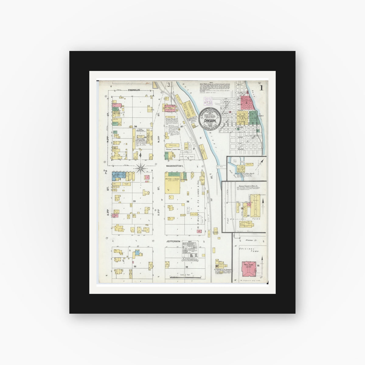 Old map wall art mockup — black gallery frame with white mat — Sanborn Fire Insurance Map from Oregon, Ogle County, Illinois (1905) - Complete Map Set