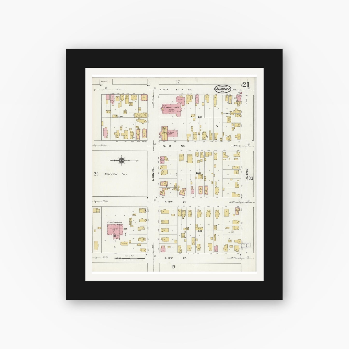 Old map wall art mockup — black gallery frame with white mat — Sanborn Fire Insurance Map from Manitowoc, Manitowoc County, Wisconsin (1919), Sheet #0021