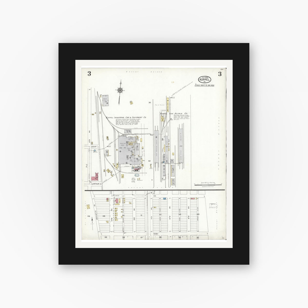 Old map wall art mockup — black gallery frame with white mat — Sanborn Fire Insurance Map from Koppel, Beaver County, Pennsylvania (1923), Sheet #0003