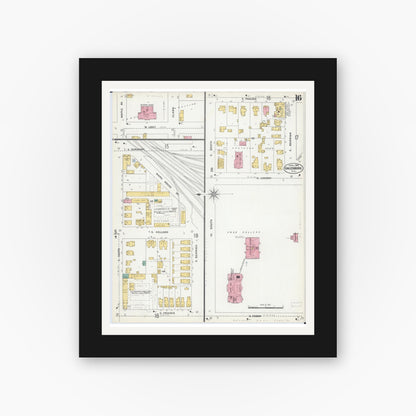 Old map wall art mockup — black gallery frame with white mat — Sanborn Fire Insurance Map from Galesburg, Knox County, Illinois (1906), Sheet #0016