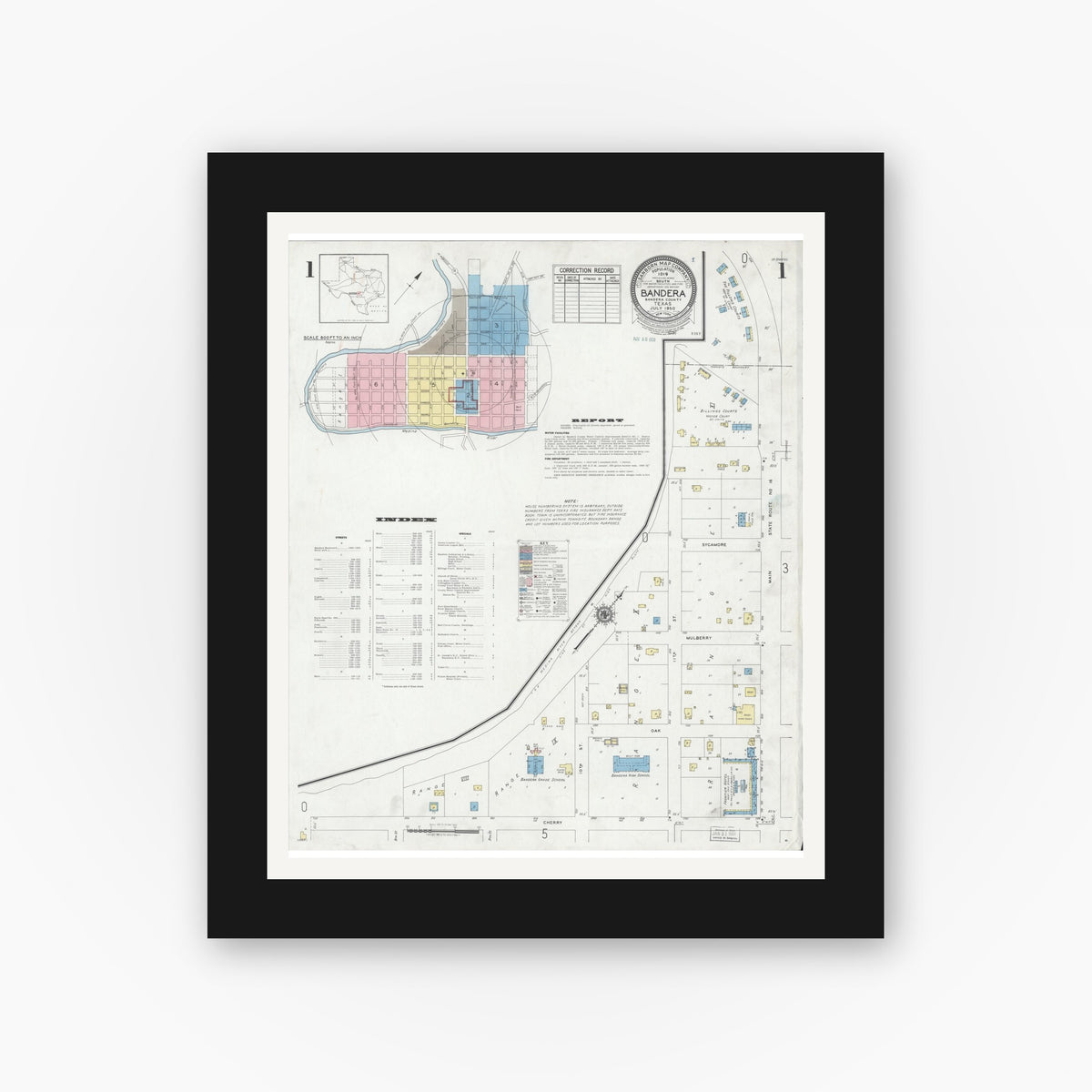 Old map wall art mockup — black gallery frame with white mat — Sanborn Fire Insurance Map from Bandera, Bandera County, Texas (1950) - Complete Map Set