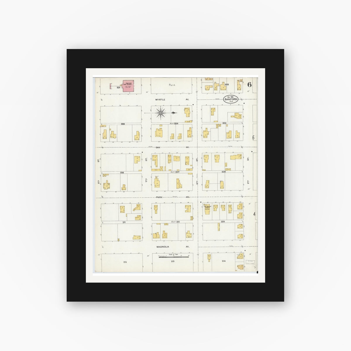 Old map wall art mockup — black gallery frame with white mat — Sanborn Fire Insurance Map from Sanford, Seminole County, Florida (1906), Sheet #0006