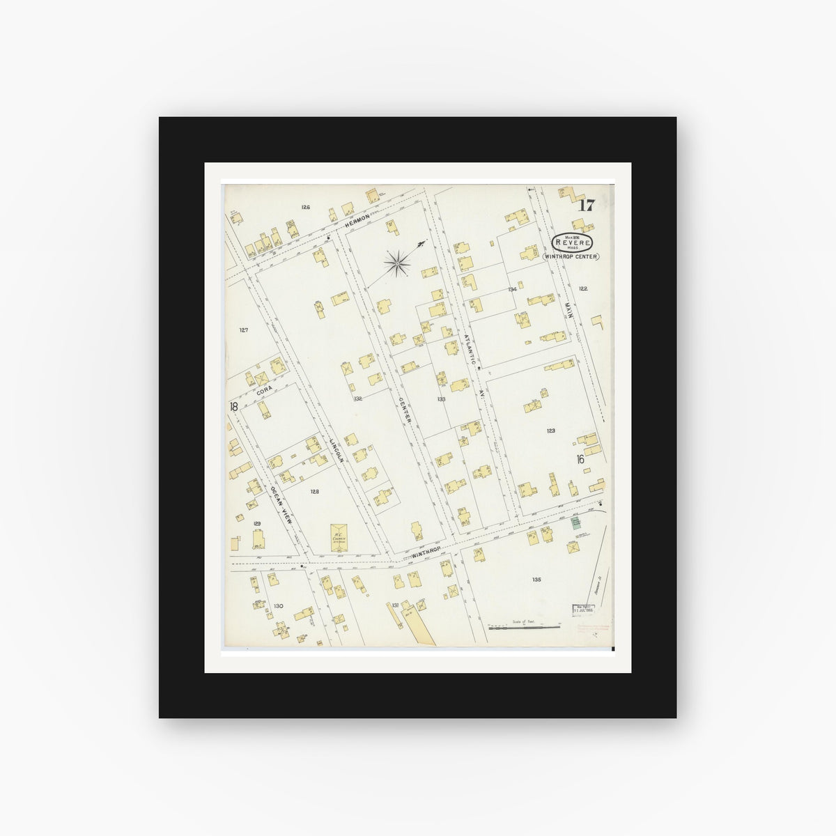 Old map wall art mockup — black gallery frame with white mat — Sanborn Fire Insurance Map from Revere, Suffolk County, Massachusetts (1896), Sheet #0017
