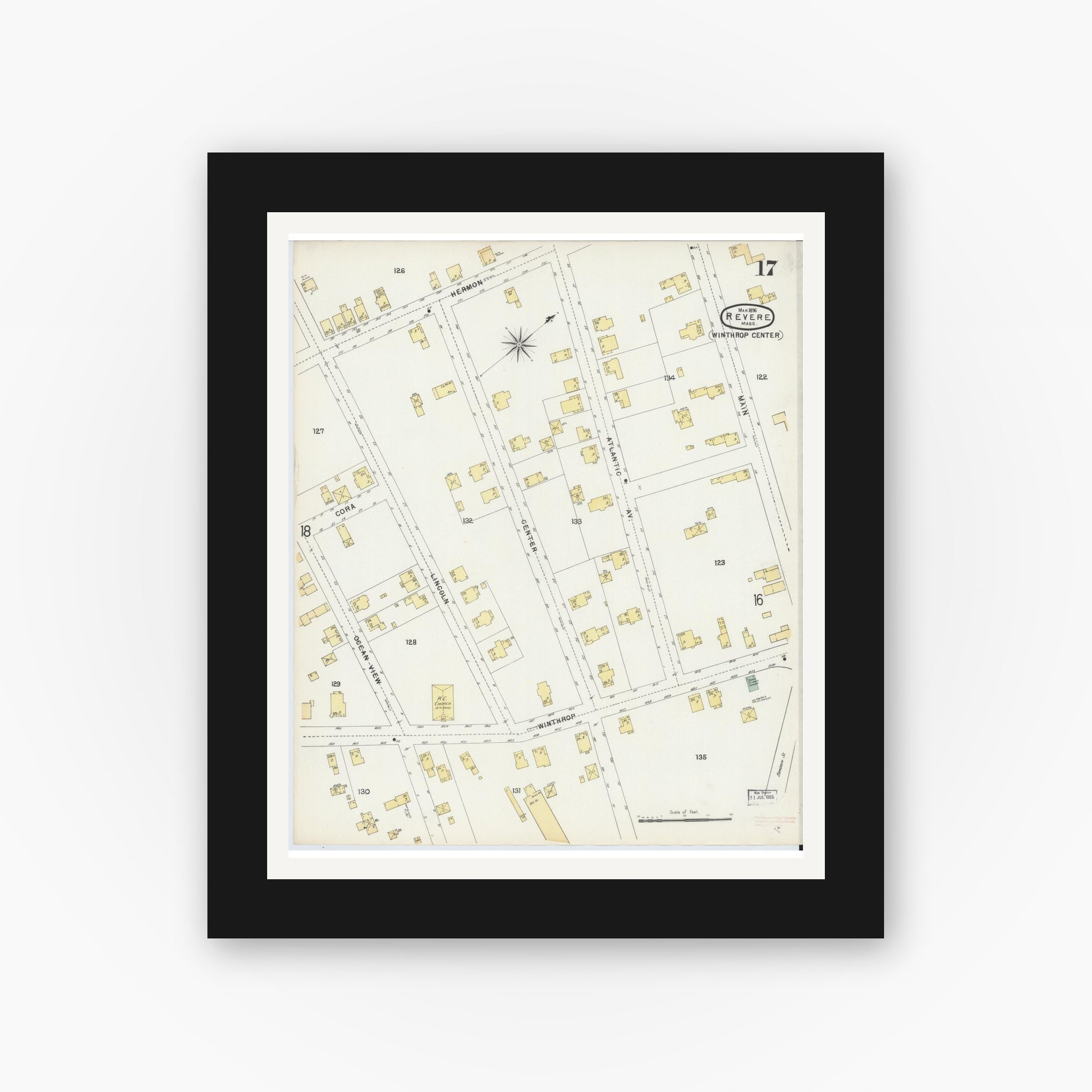 Old map wall art mockup — black gallery frame with white mat — Sanborn Fire Insurance Map from Revere, Suffolk County, Massachusetts (1896), Sheet #0017