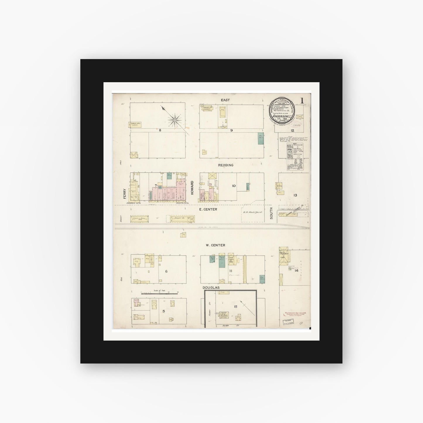 Old map wall art mockup — black gallery frame with white mat — Sanborn Fire Insurance Map from Anderson, Shasta County, California (1889), Sheet #0001