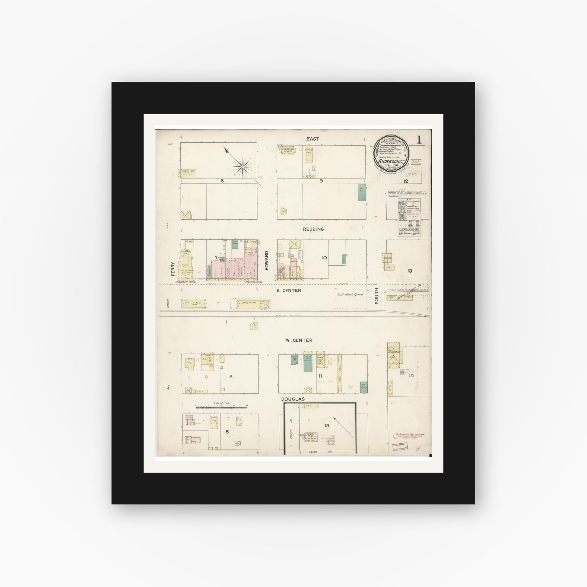 Old map wall art mockup — black gallery frame with white mat — Sanborn Fire Insurance Map from Anderson, Shasta County, California (1889), Sheet #0001