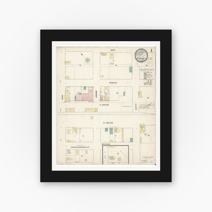 Old map wall art mockup — black gallery frame with white mat — Sanborn Fire Insurance Map from Anderson, Shasta County, California (1889), Sheet #0001