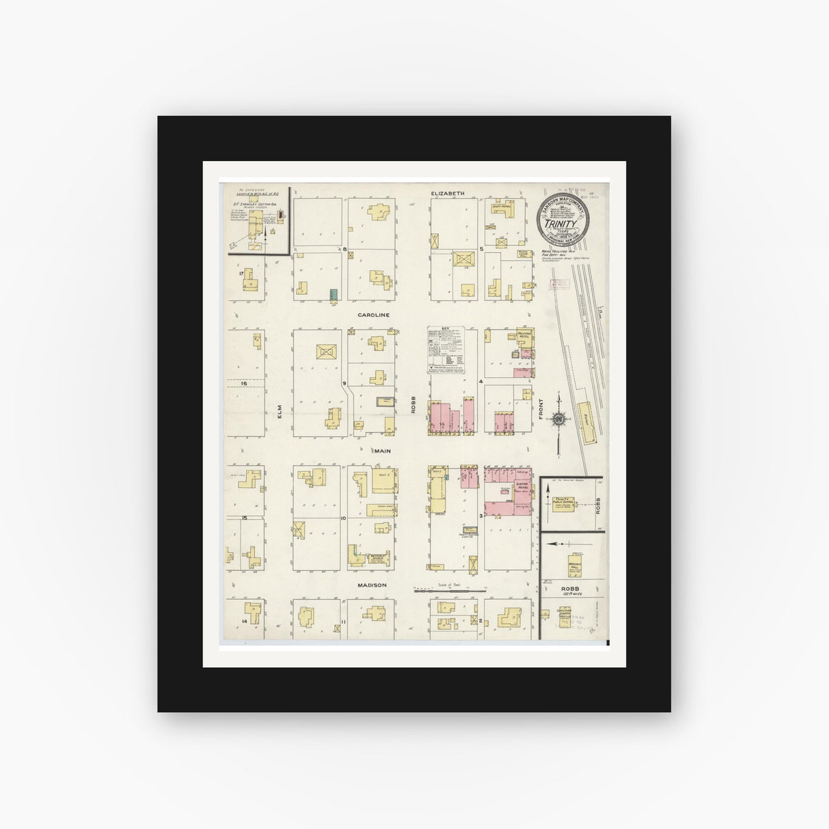 Old map wall art mockup — black gallery frame with white mat — Sanborn Fire Insurance Map from Trinity, Trinity County, Texas (1909), Sheet #0001