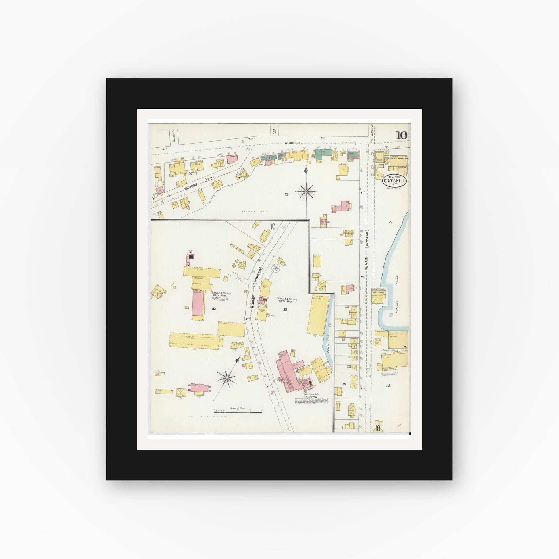 Old map wall art mockup — black gallery frame with white mat — Sanborn Fire Insurance Map from Catskill, Greene County, New York (1903), Sheet #0010