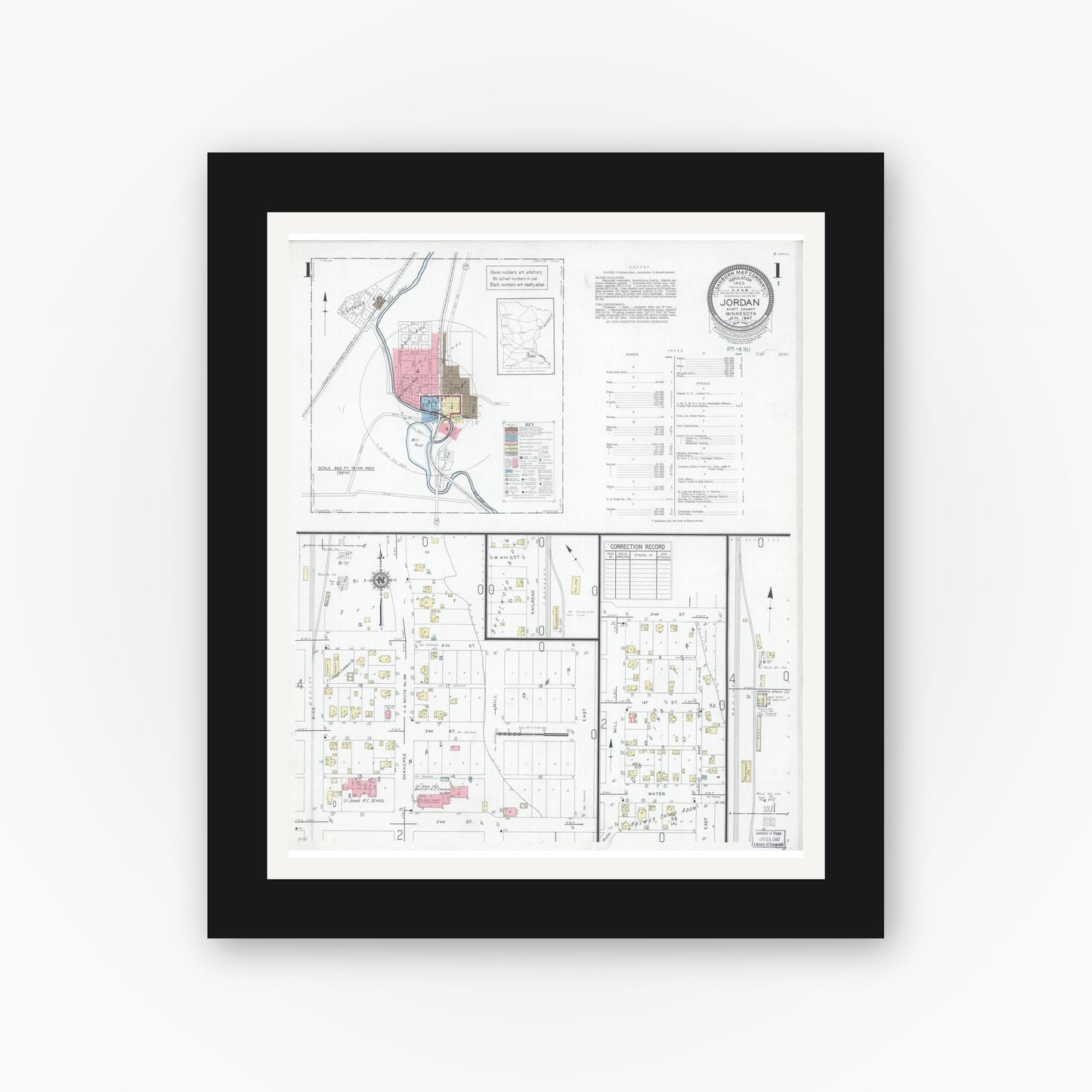 Old map wall art mockup — black gallery frame with white mat — Sanborn Fire Insurance Map from Jordan, Scott County, Minnesota (1947), Sheet #0001