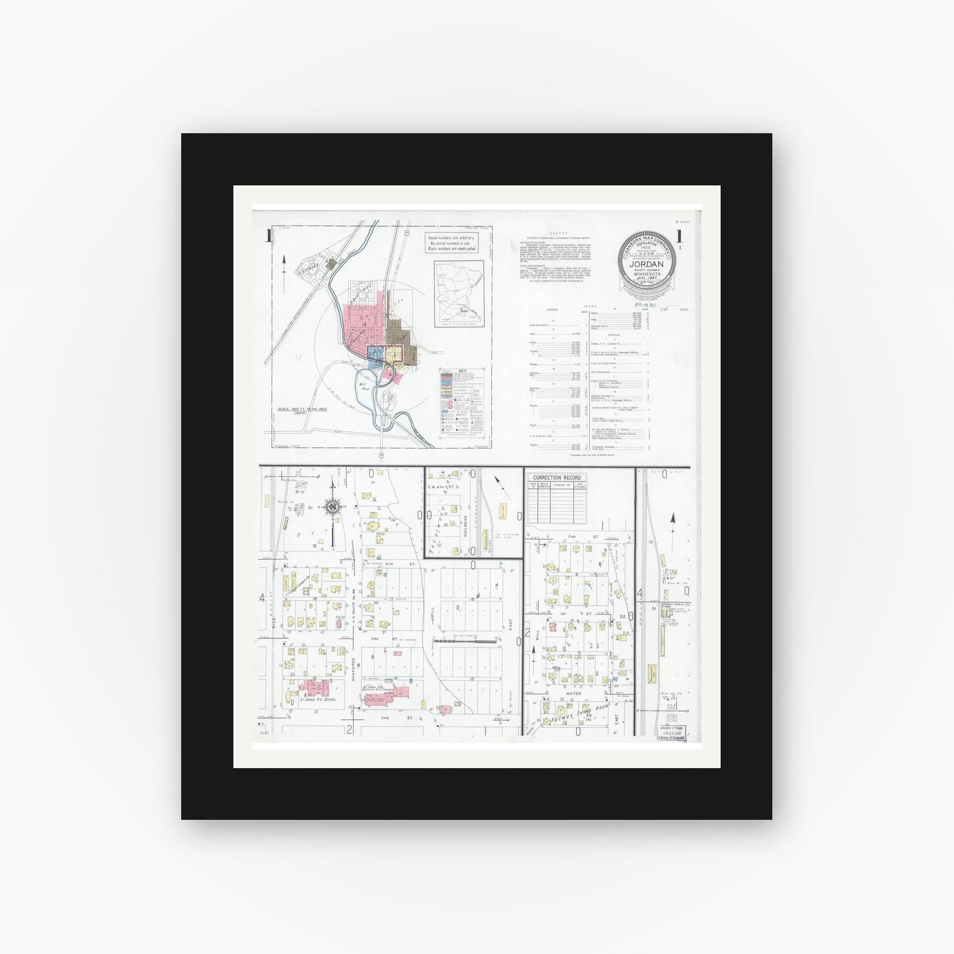 Old map wall art mockup — black gallery frame with white mat — Sanborn Fire Insurance Map from Jordan, Scott County, Minnesota (1947), Sheet #0001
