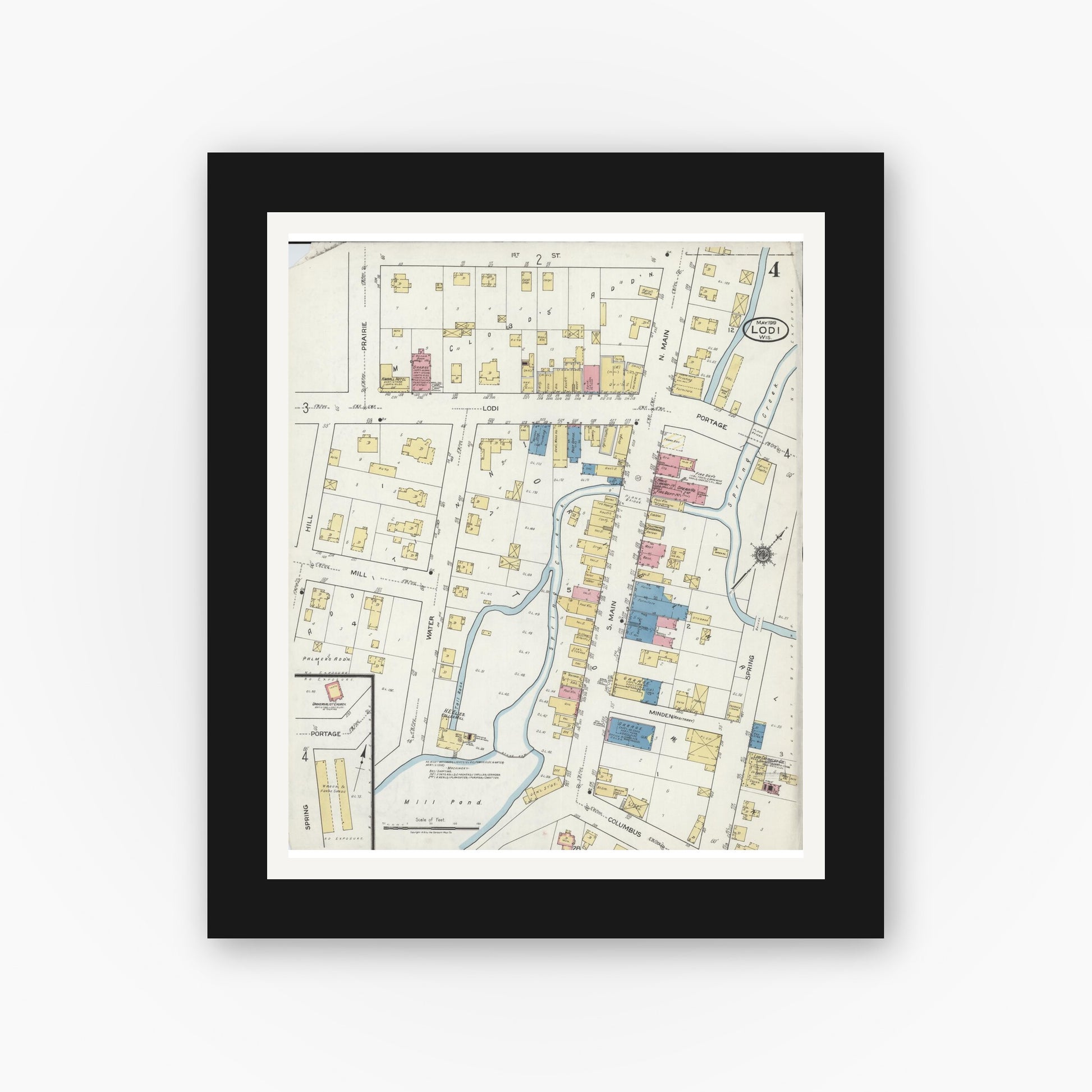 Old map wall art mockup — black gallery frame with white mat — Sanborn Fire Insurance Map from Lodi, Columbia County, Wisconsin (1919), Sheet #0004