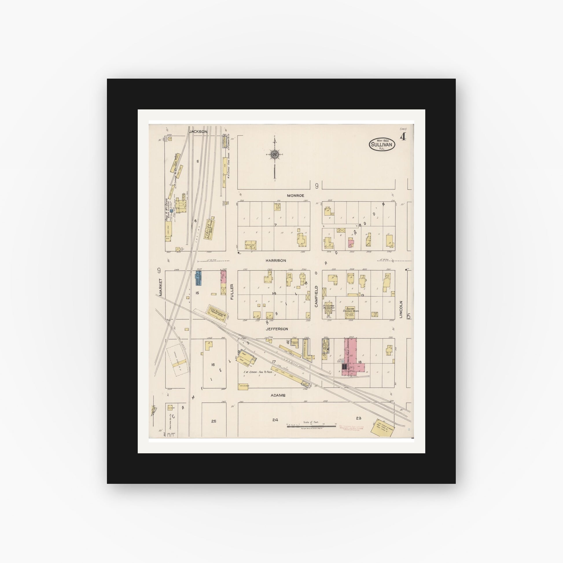 Old map wall art mockup — black gallery frame with white mat — Sanborn Fire Insurance Map from Sullivan, Moultrie County, Illinois (1922), Sheet #0004