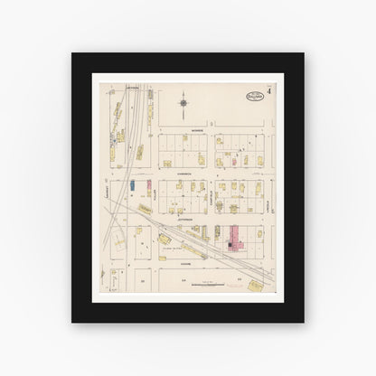 Old map wall art mockup — black gallery frame with white mat — Sanborn Fire Insurance Map from Sullivan, Moultrie County, Illinois (1922), Sheet #0004