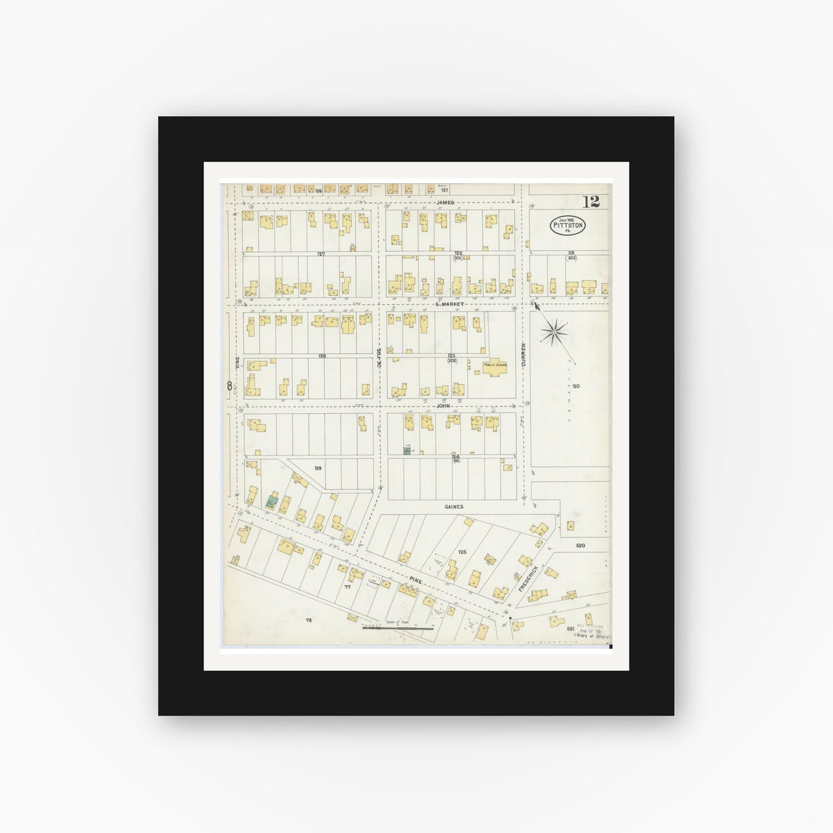 Old map wall art mockup — black gallery frame with white mat — Sanborn Fire Insurance Map from Pittston, Luzerne County, Pennsylvania (1903), Sheet #0012