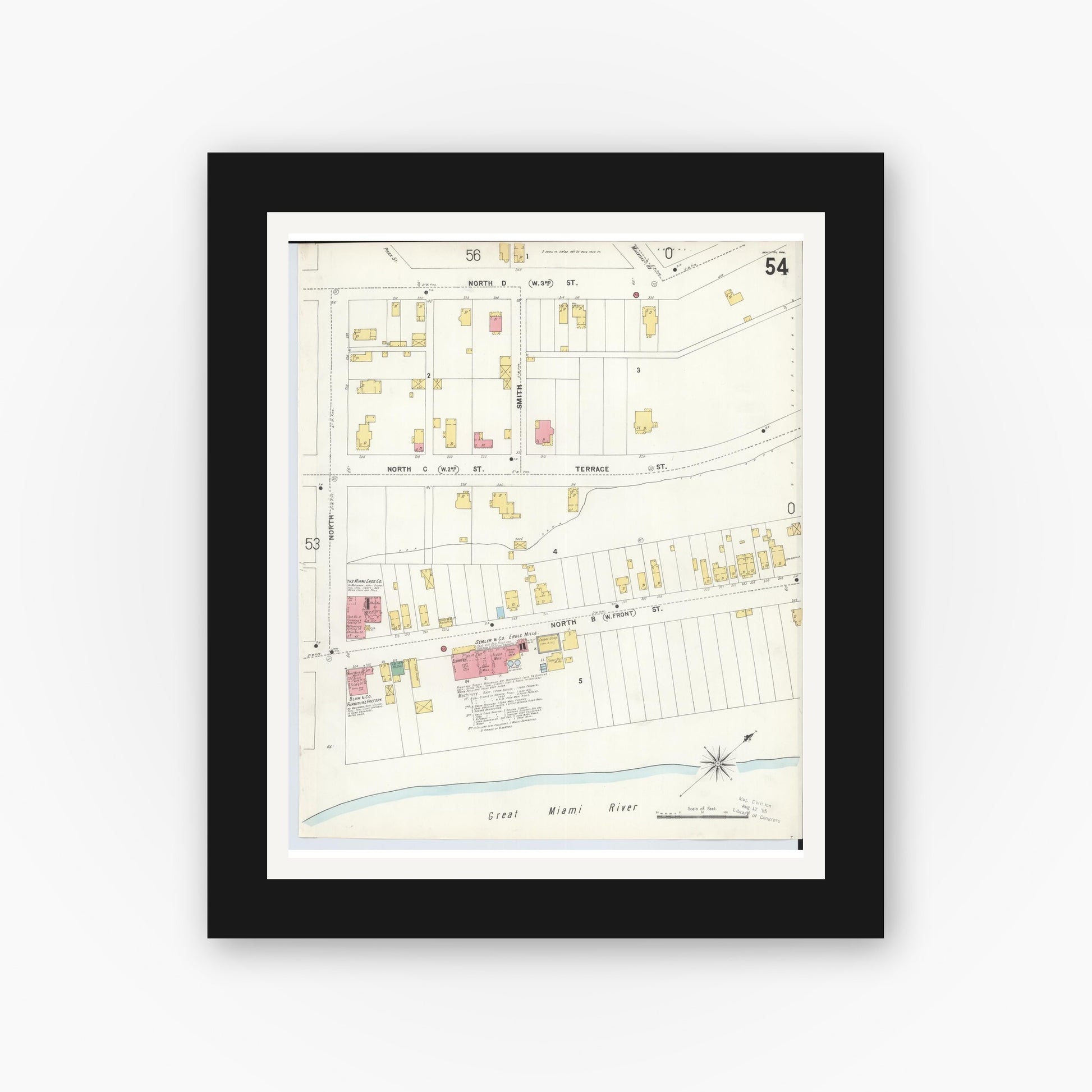 Old map wall art mockup — black gallery frame with white mat — Sanborn Fire Insurance Map from Hamilton, Butler County, Ohio (1899), Sheet #0054