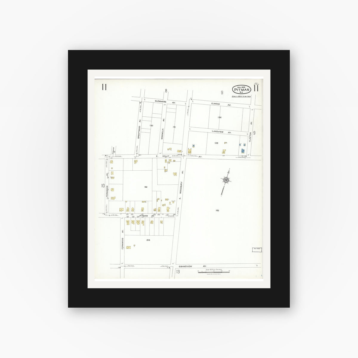 Old map wall art mockup — black gallery frame with white mat — Sanborn Fire Insurance Map from Pitman, Gloucester County, New Jersey (1923), Sheet #0011