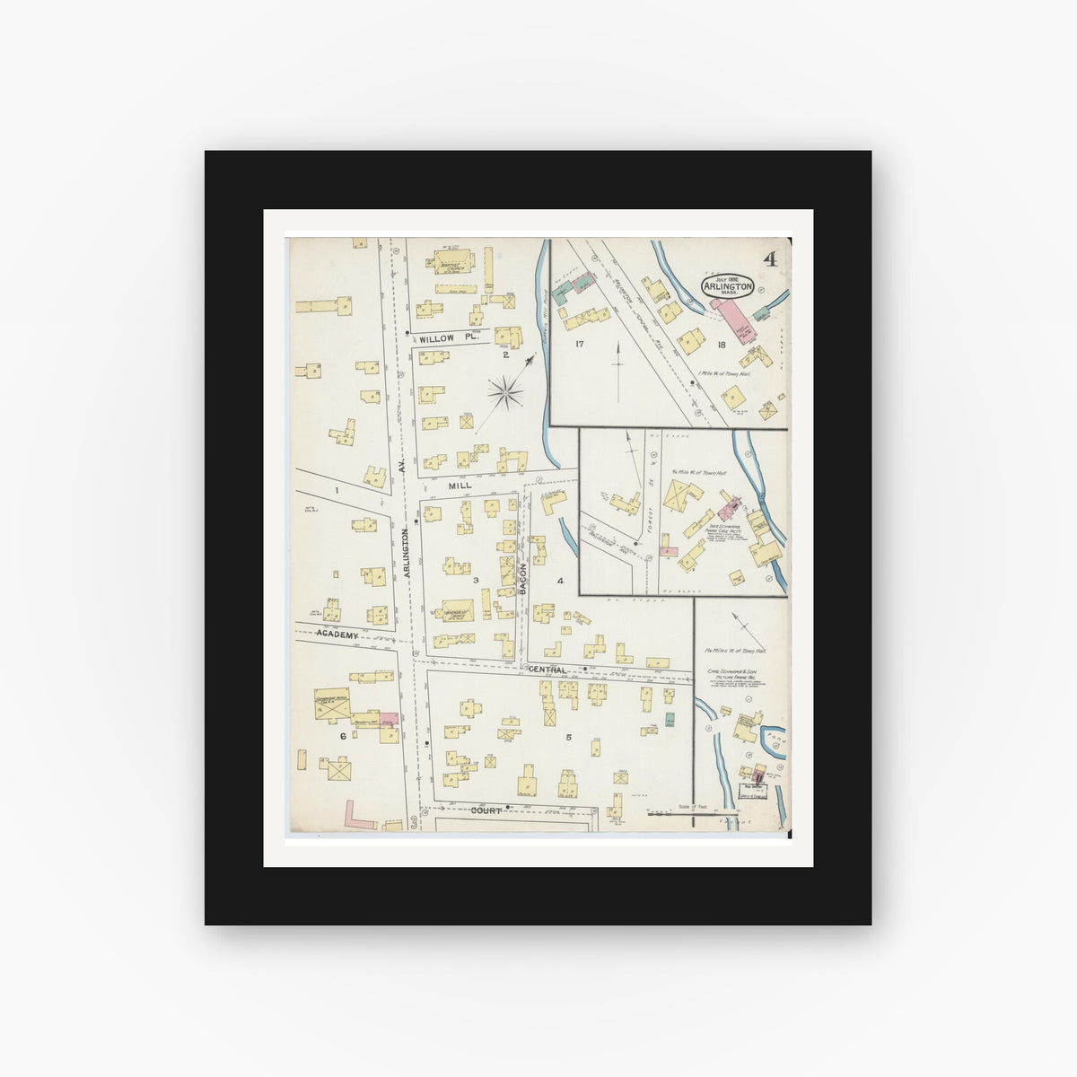 Old map wall art mockup — black gallery frame with white mat — Sanborn Fire Insurance Map from Arlington, Middlesex County, Massachusetts (1892), Sheet #0004